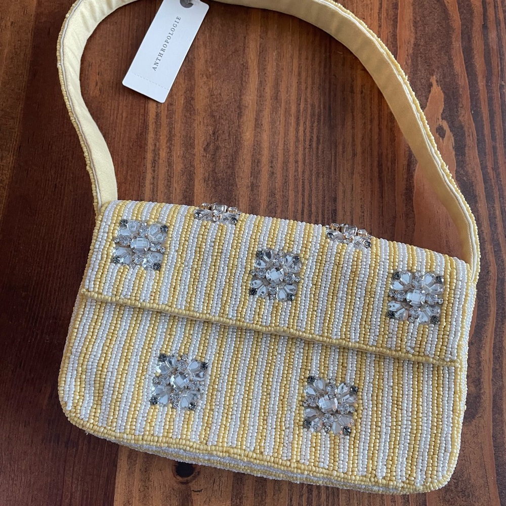 Anthropologie Yellow and White Beaded Shoulder Bag
